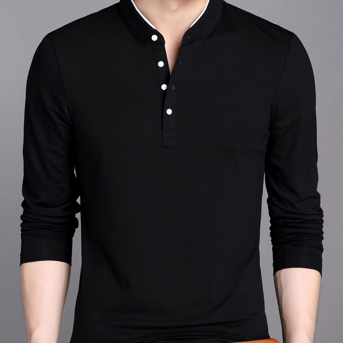 Herren Langarmshirt Henley Stehkragen Knopfleiste Bordeaux