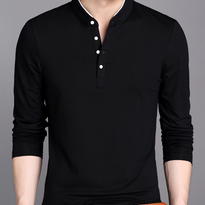 Herren Langarmshirt Henley Stehkragen Knopfleiste Bordeaux