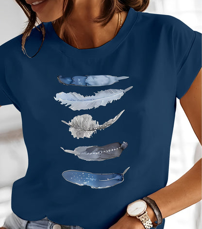 Damen T-Shirt mit künstlerischem Feder-Print, lässig, für Alltag und Freizeit