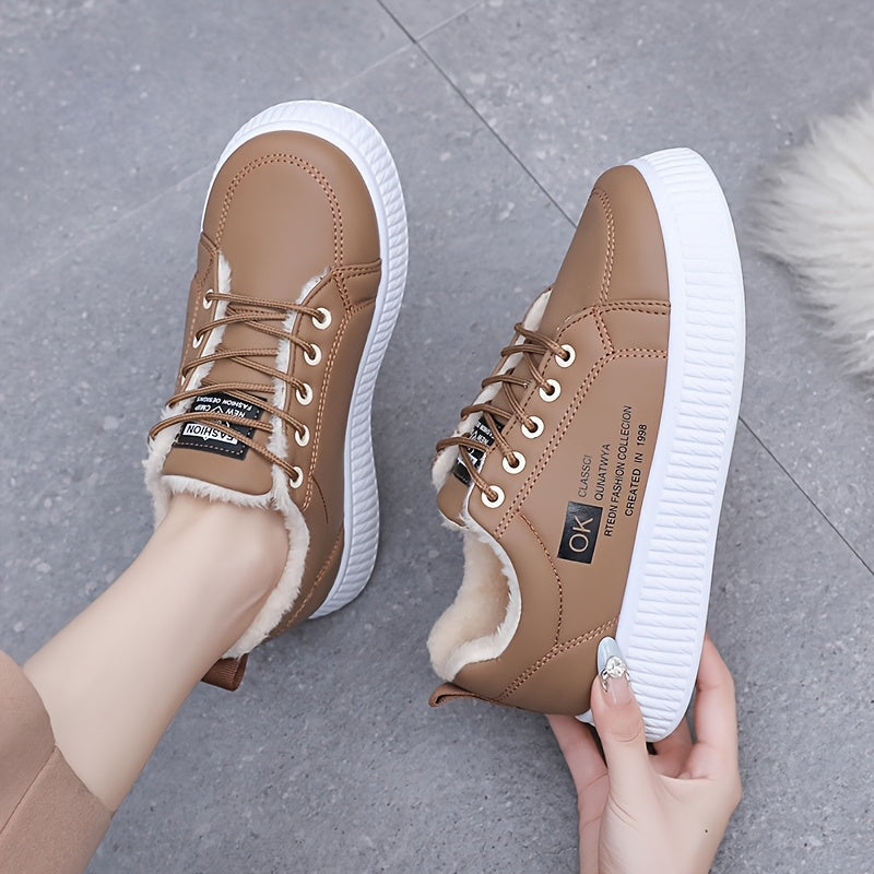 Damen Sneaker mit warmem Futter, Plateau und Schnürung, Braun