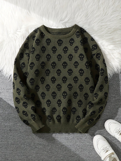 Unisex Pullover mit Totenkopfmuster Strick Rundhals Langarm Strickpullover
