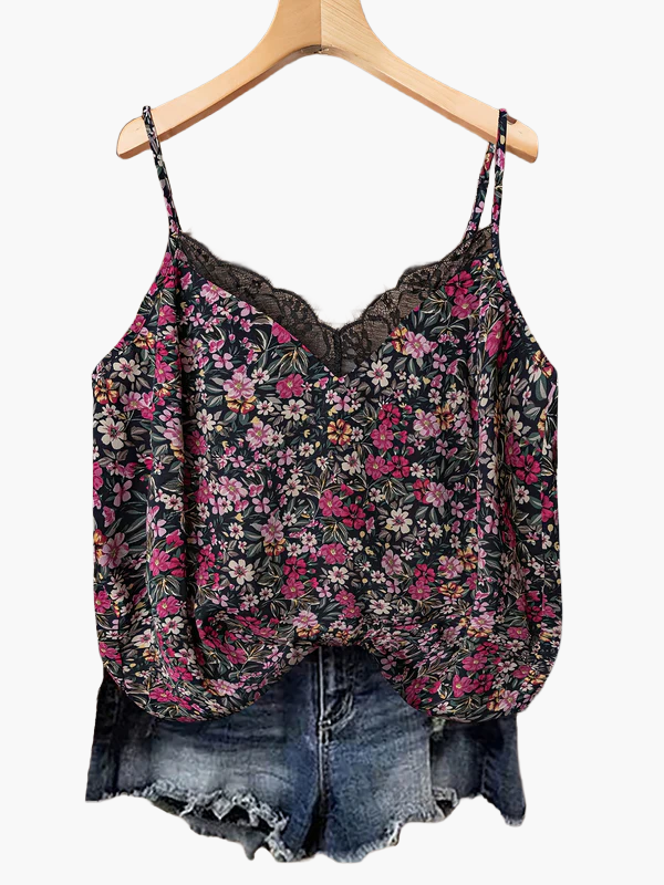 Damen Blusentop mit Blumenmuster und Spitzenbesatz – Lässiger Sommer-Style