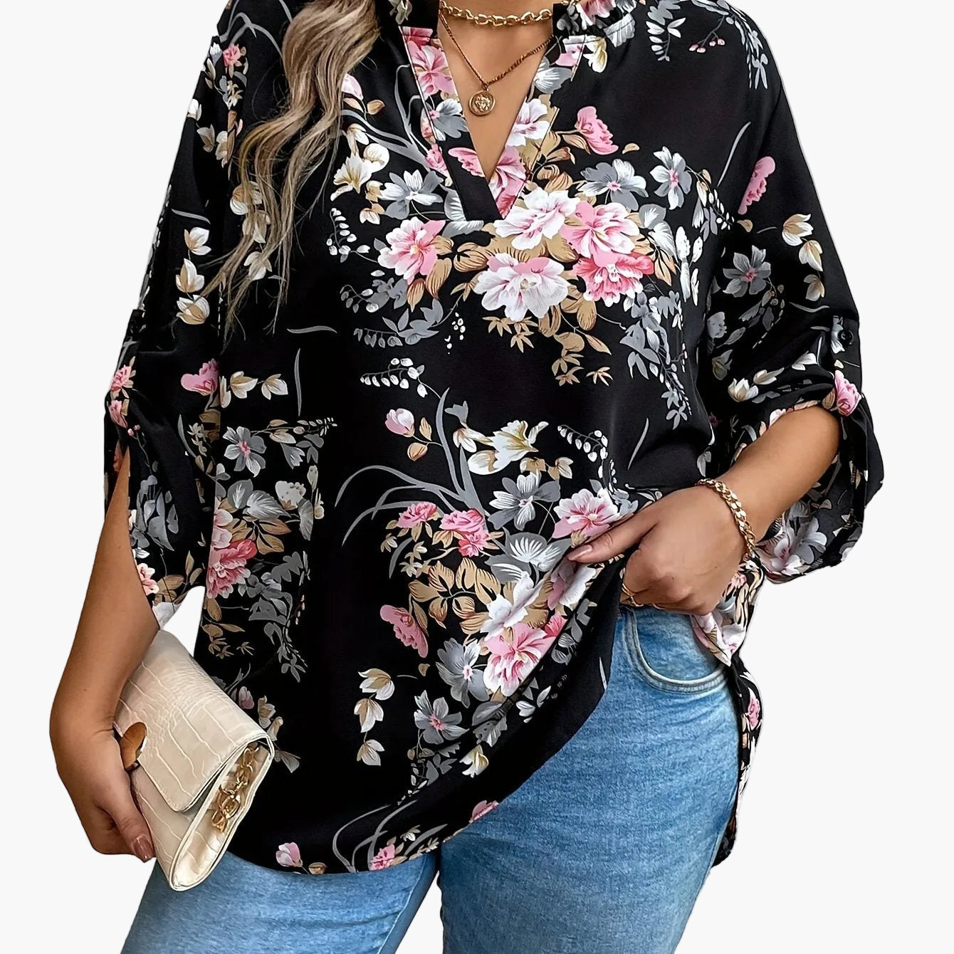 Damen Elegante Bluse mit Blumenmuster und V-Ausschnitt, Langarm, Perfekt für Alltag und Büro
