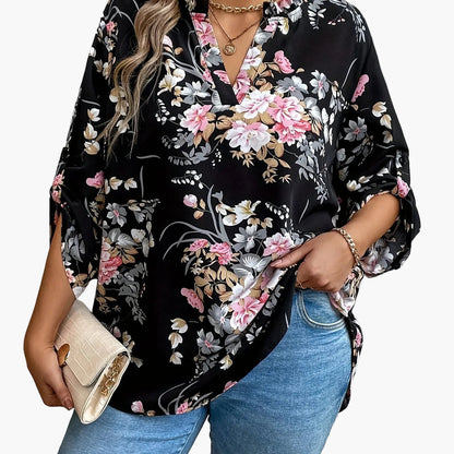 Damen Elegante Bluse mit Blumenmuster und V-Ausschnitt, Langarm, Perfekt für Alltag und Büro