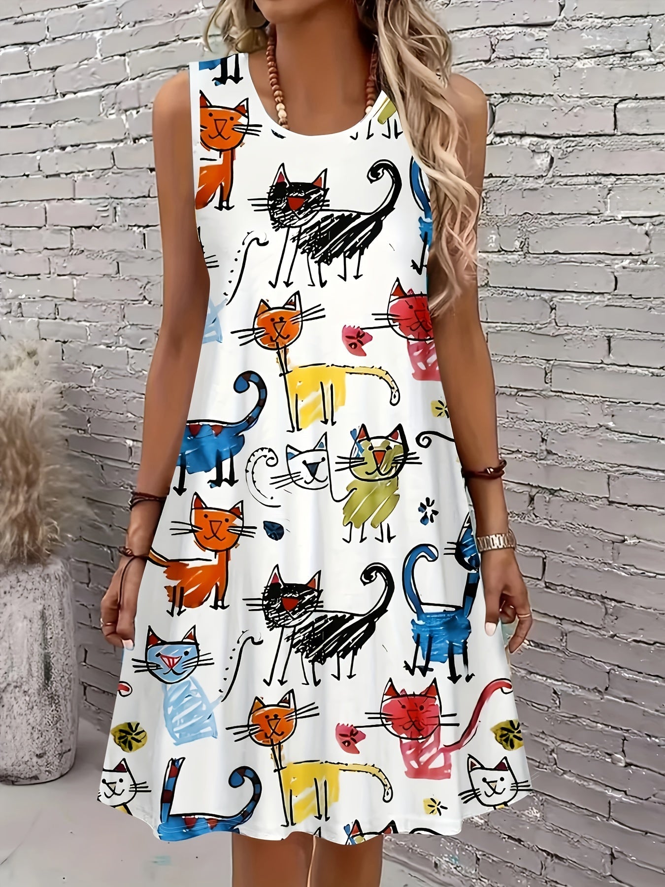 Damen Sommerkleid mit Katzen-Print, lässig und verspielt für Alltag und Freizeit