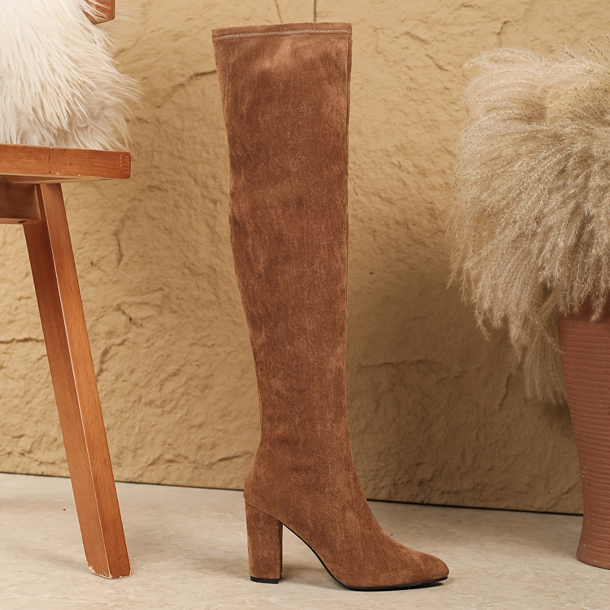 Damen Overknee Stiefel Hellbraun mit Blockabsatz