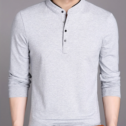 Herren Langarmshirt Henley Stehkragen Knopfleiste Bordeaux
