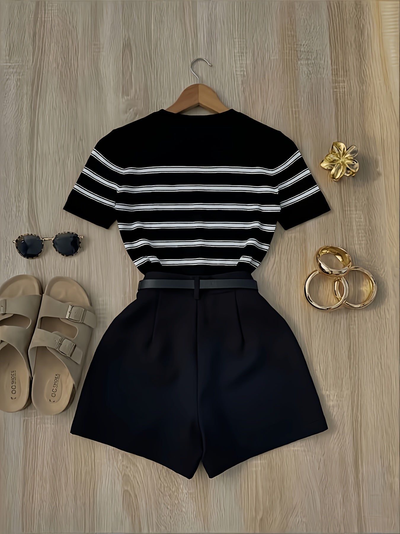Damen Zweiteiler Set – Gestreiftes Shirt und High-Waist Shorts für Alltag & Freizeit