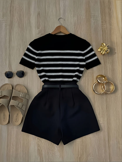 Damen Zweiteiler Set – Gestreiftes Shirt und High-Waist Shorts für Alltag & Freizeit