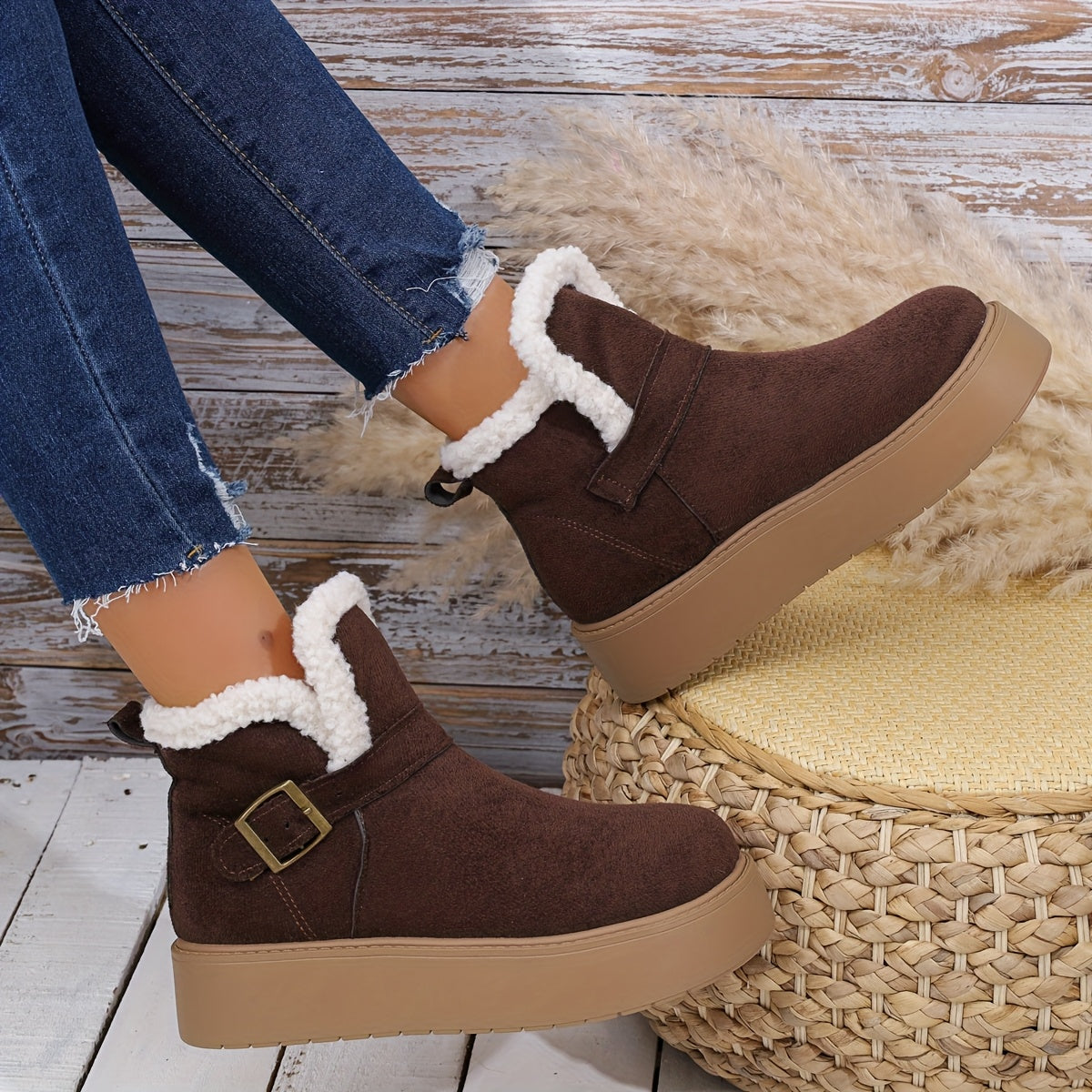 Damen Plateauschuh Winterstiefelette Schwarz mit Kunstfellfutter & Schnalle