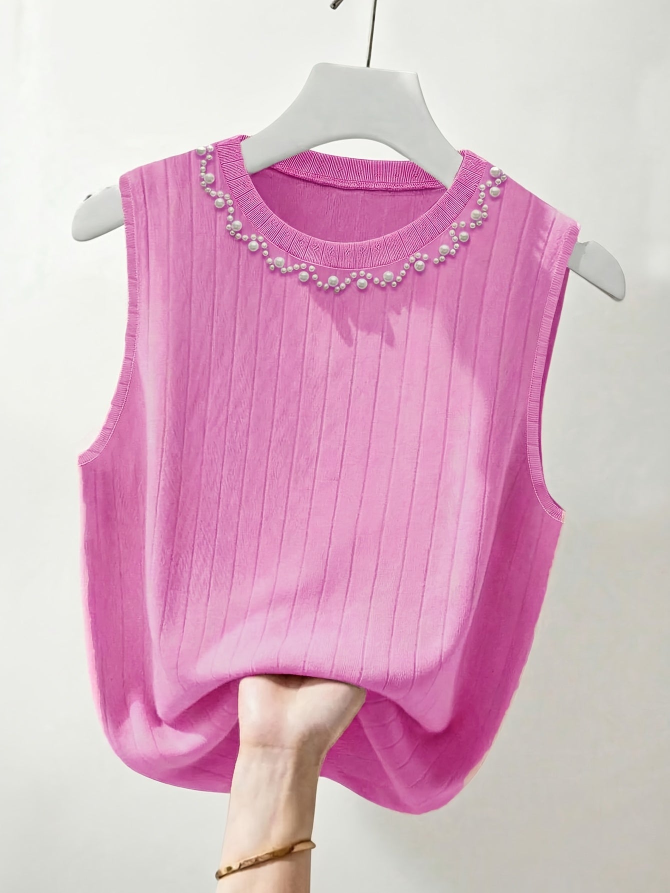 Damen Elegantes Stricktop mit Perlenbesatz – Ärmelloses Oberteil für modische Anlässe