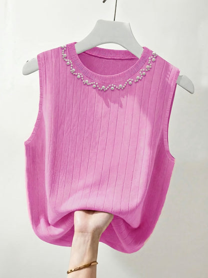 Damen Elegantes Stricktop mit Perlenbesatz – Ärmelloses Oberteil für modische Anlässe