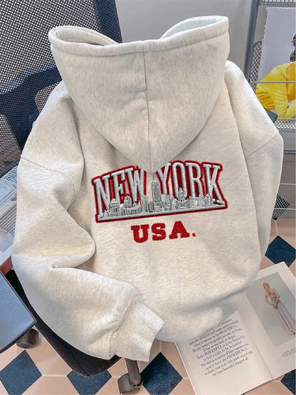 Hoodie mit New York USA Stickerei für Damen, Hellgrau, Kapuzenpullover