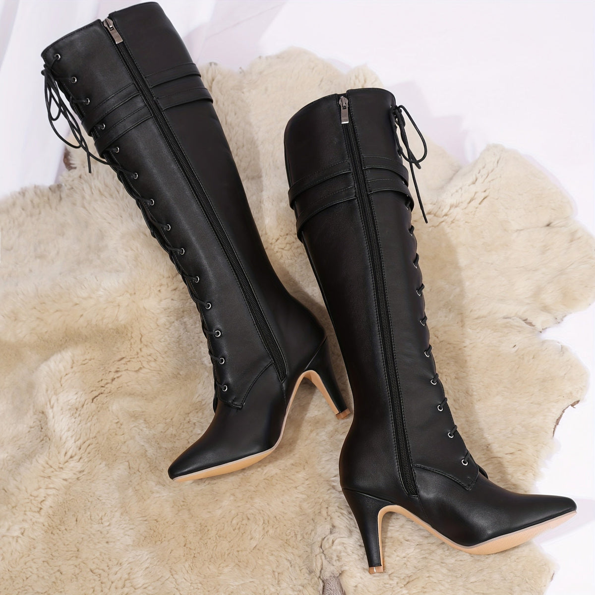 Damen Stiefel Schwarz mit Schnürung & Schnallen Hoher Absatz Spitz