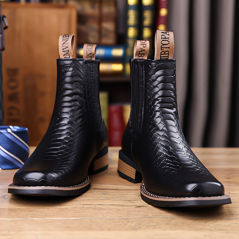 Herren Stiefelette Kroko-Prägung Quadratische Spitze Elastikeinsätze