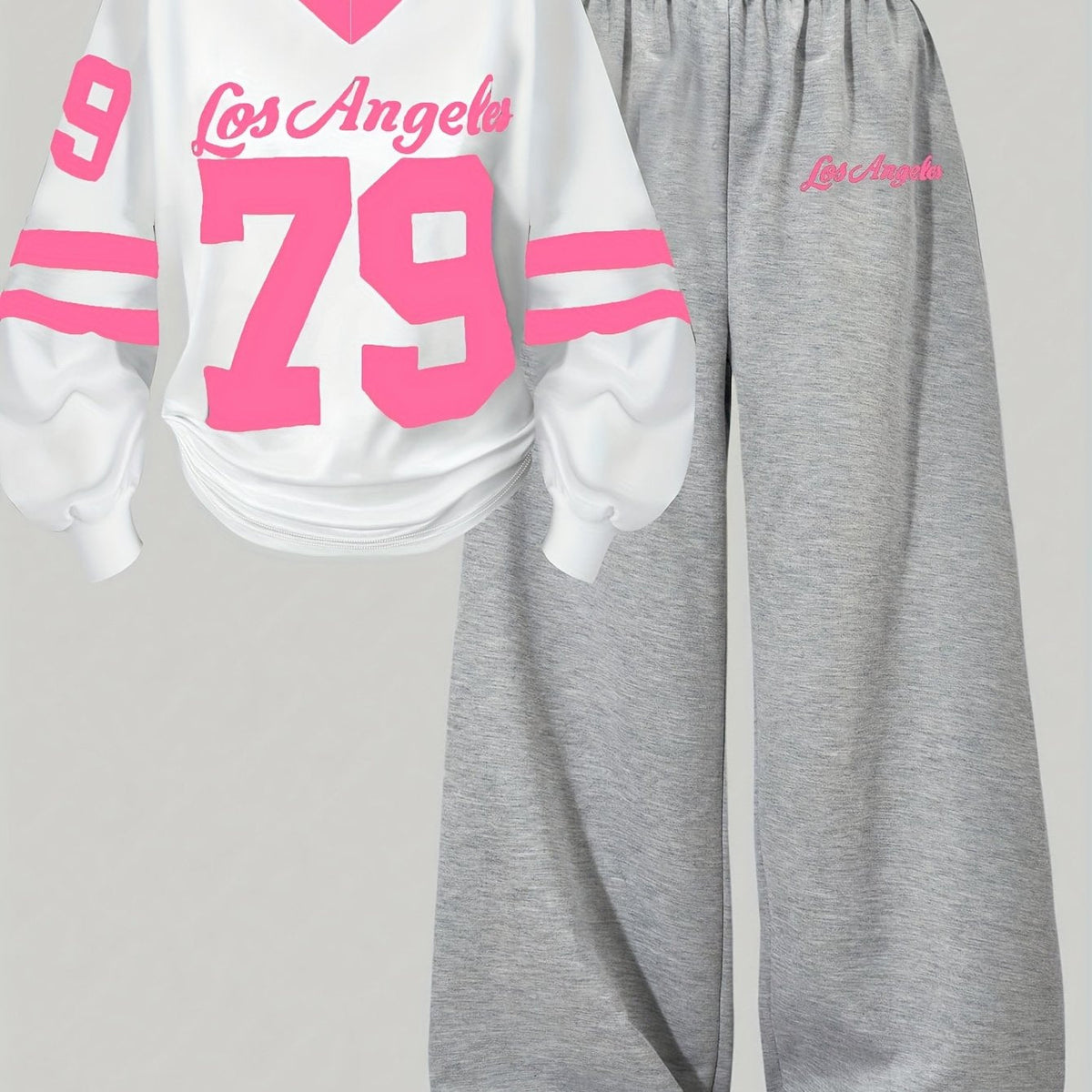 Zweiteiliges Sport-Set für Damen, Weißes Oberteil mit Aufdruck, Graue weite Hose