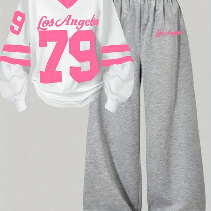 Zweiteiliges Sport-Set für Damen, Weißes Oberteil mit Aufdruck, Graue weite Hose