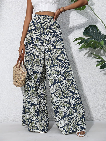 Damen Sommer Palazzo-Hose mit weitem Bein und tropischem Blätterprint – Perfekt für Strand und Freizeit