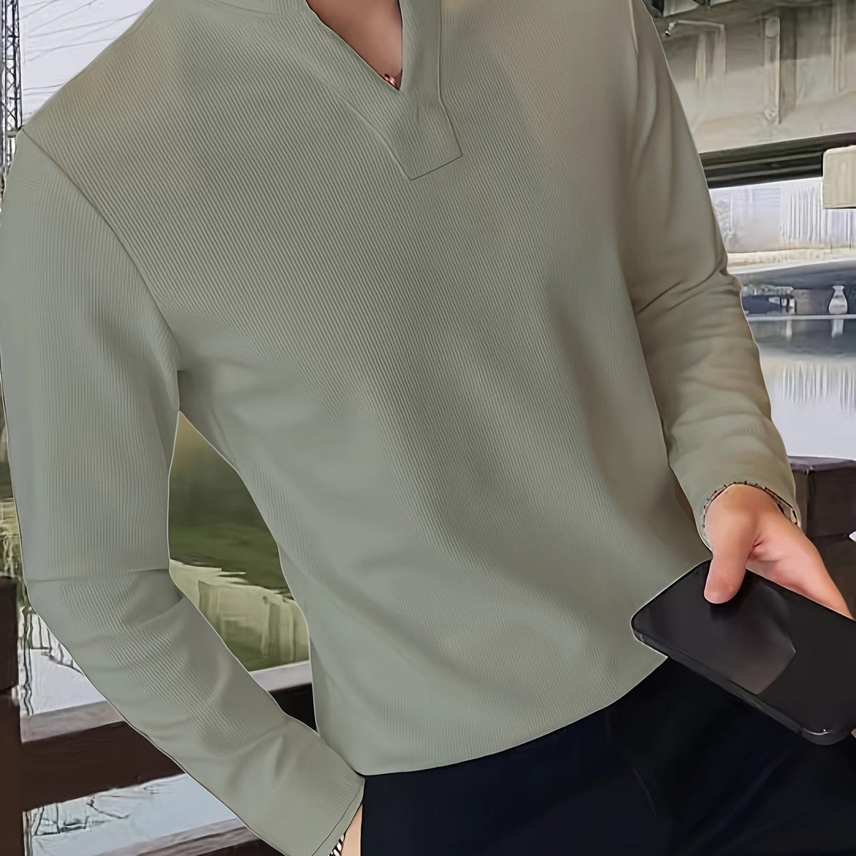 Herren Langarmshirt Henley Kragen Gerippt Weiß Freizeitshirt