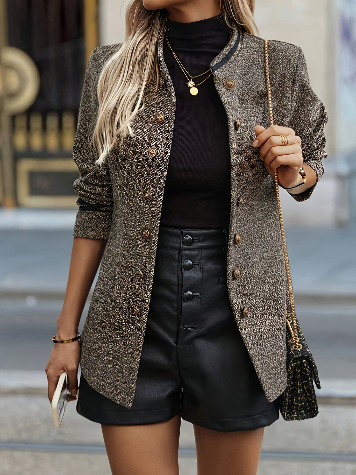 Damen Tweed Blazer Jacke mit Knopfleiste und Militär-Details