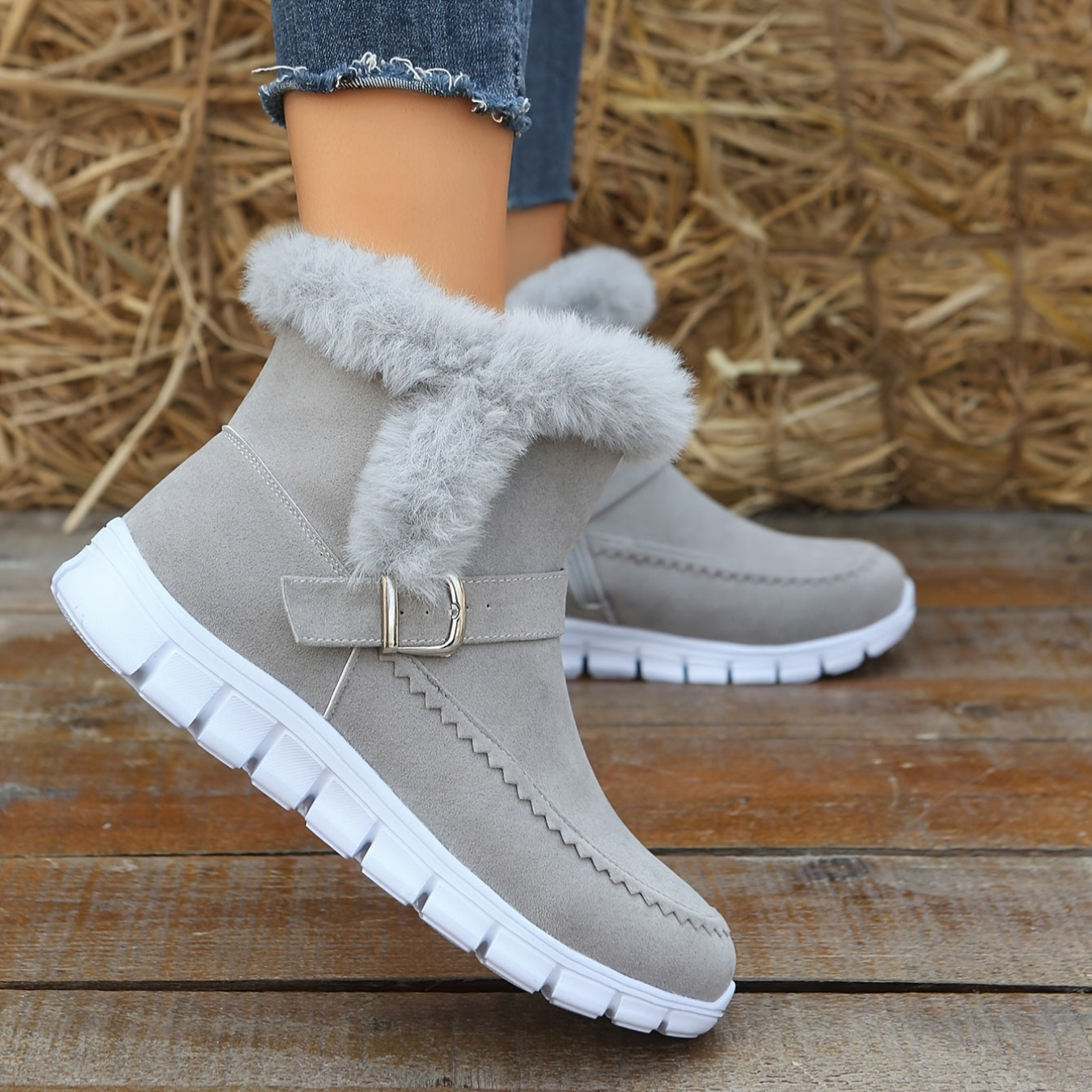 Damen Winterstiefeletten mit Futter, Schnalle und Kunstpelzbesatz