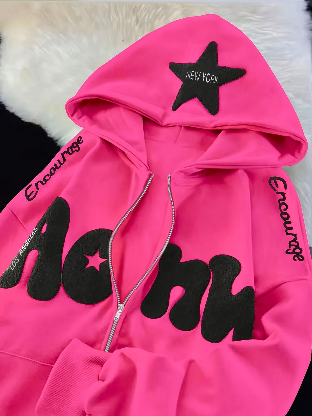 Damen Kapuzenjacke mit Reißverschluss, Stickereien und Stern-Applikation, Pink