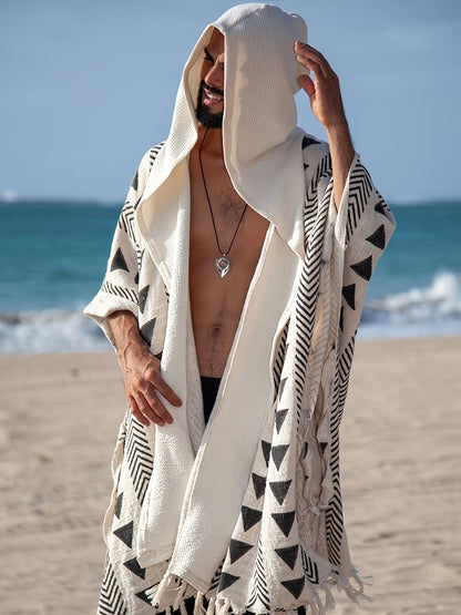 Herren Boho Poncho mit Kapuze – Geometrisches Muster, Überwurf für Strand und Festival