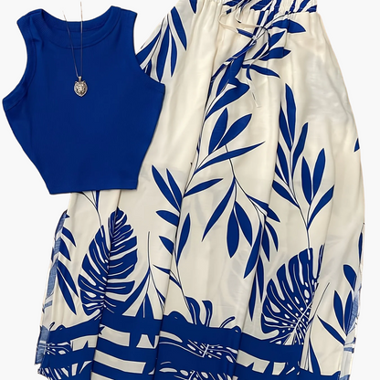 Damen Sommer-Outfit Set – Ärmelloses Top und Maxirock im tropischen Design, ideal für Urlaub und Freizeit