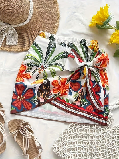 Damen Mini Strandrock mit tropischem Muster und Schleifen-Detail – Perfekt als Badebekleidungs-Überwurf