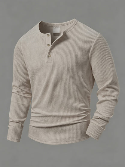 Herren Langarmshirt Gerippt Henley-Ausschnitt Locker Passform