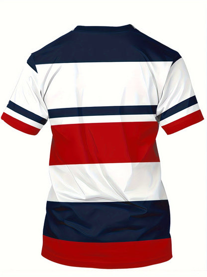 Herren T-Shirt im College-Stil mit Streifen und Wappen – Freizeitmode für Alltag & Sport