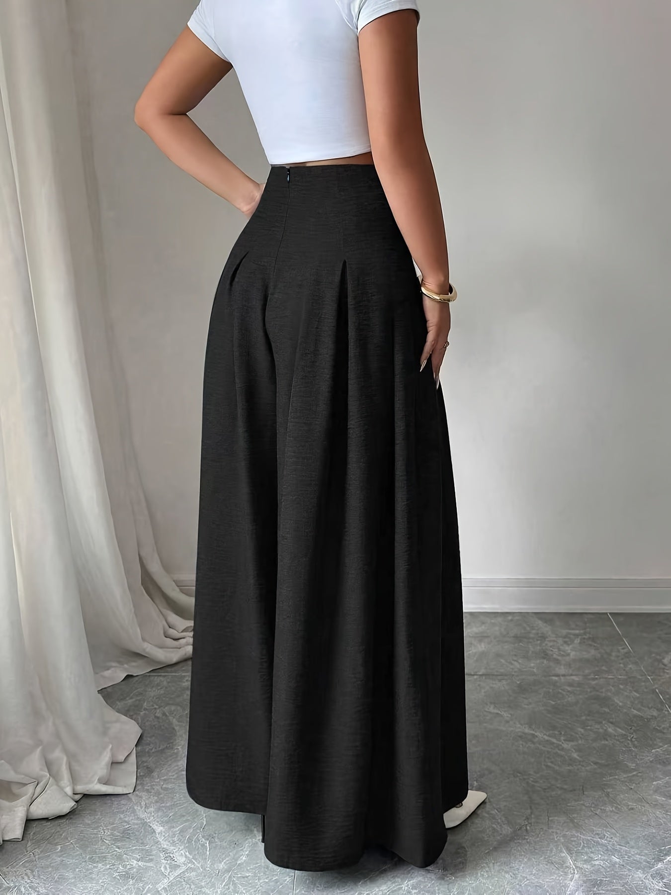 Damen Weitbeinige High-Waist Hose mit Knopfdetail und Eleganten Falten – Modische Business- und Freizeit-Hose