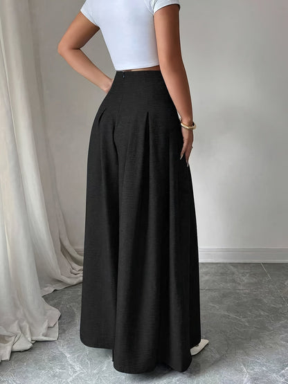 Damen Weitbeinige High-Waist Hose mit Knopfdetail und Eleganten Falten – Modische Business- und Freizeit-Hose