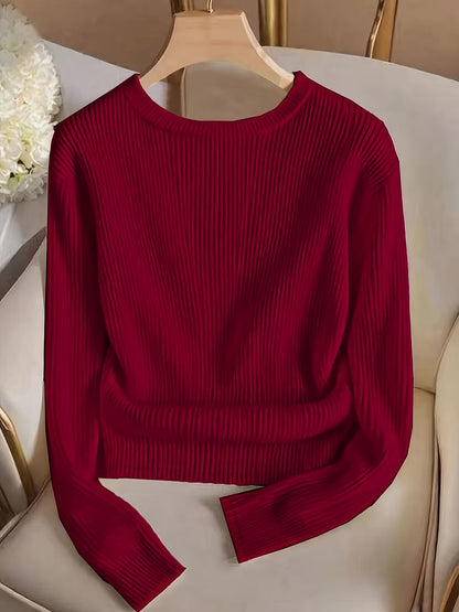 Damen Gerippter Pullover Langarm Rundhals mit Zierknöpfen