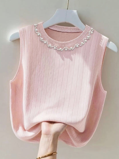 Damen Elegantes Stricktop mit Perlenbesatz – Ärmelloses Oberteil für modische Anlässe