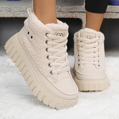 Damen Winter Plateaustiefel mit Teddyfutter, Schnürsenkel und Profilsohle
