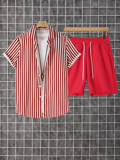 Herren Set mit Kurzarmhemd und Shorts, Modernes Streifen Design, Freizeit Outfit für Sommer und Urlaub