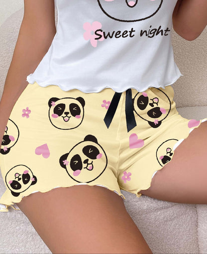 Damen Schlafshorts mit Panda-Motiv und Schleife – Süße Pyjamashorts für gemütliche Nächte