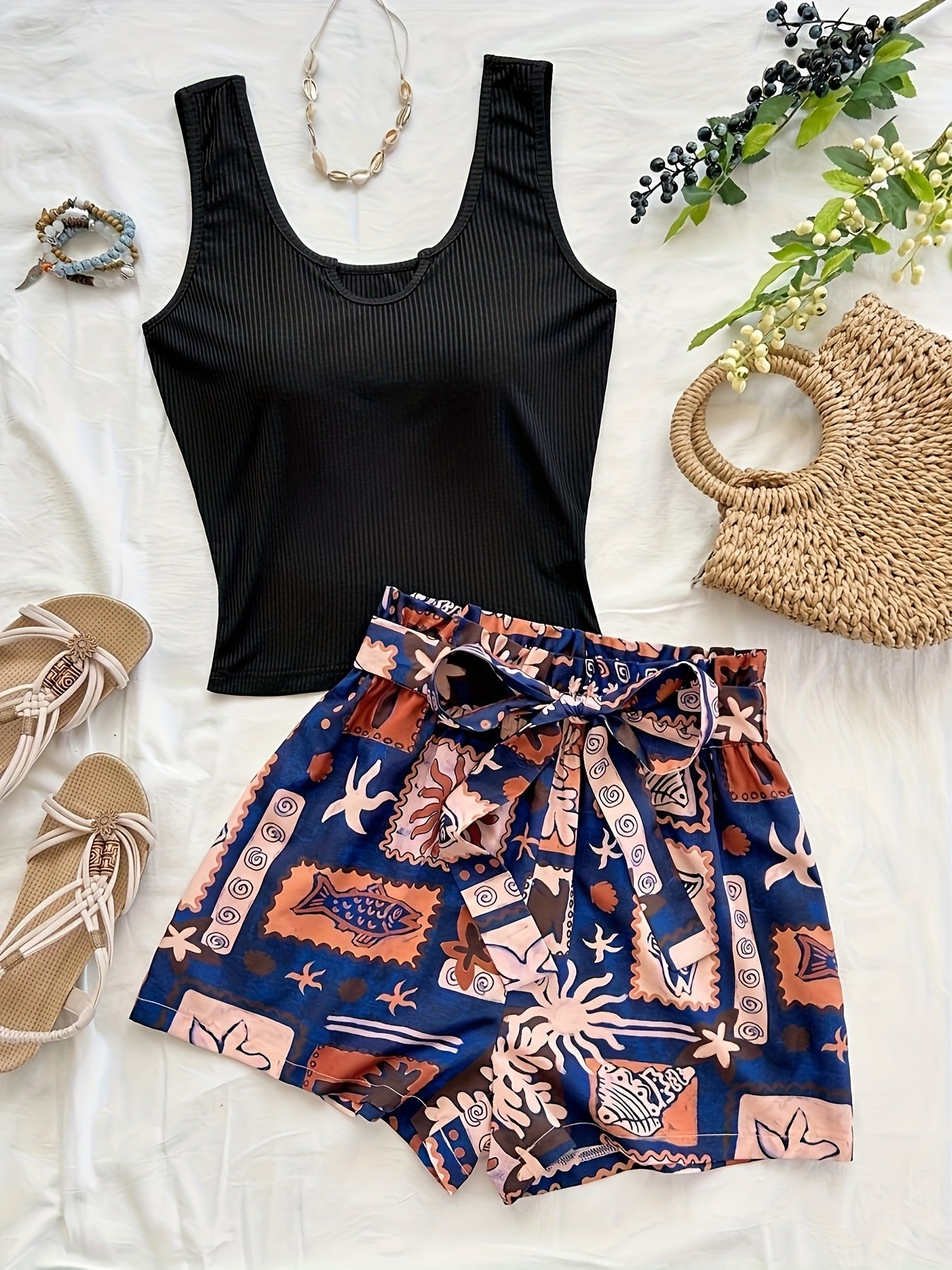 Damen Sommer-Set mit Top und tropischen Paperbag-Shorts – Modisches Urlaubsoutfit