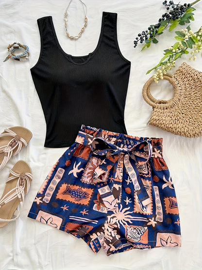 Damen Sommer-Set mit Top und tropischen Paperbag-Shorts – Modisches Urlaubsoutfit