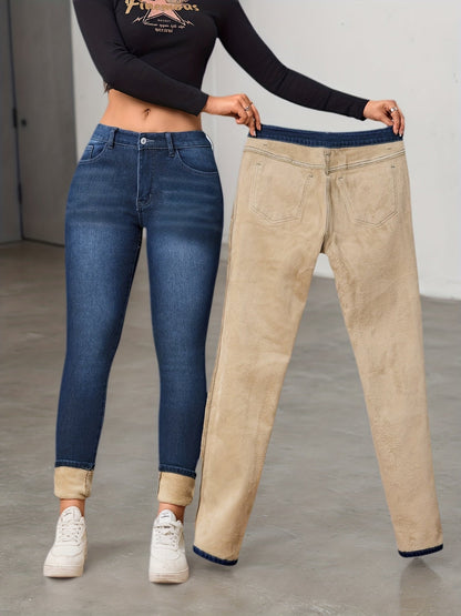 Damen Jeans mit Plüschfutter, Dunkelblau