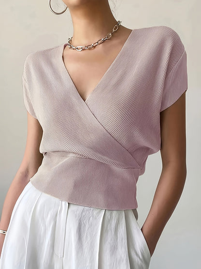 Damen Wickelshirt mit V-Ausschnitt – Eleganter Sommer Pullover Kurzarm für Freizeit & Büro