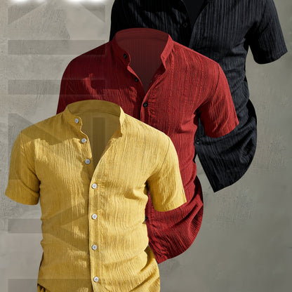 Herren 3er-Pack Stehkragen Hemden – Modischer Freizeit Look, Kurzarm, Knopfleiste