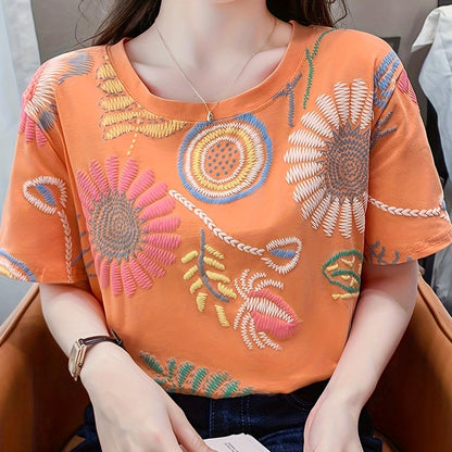 Damen Sommer T-Shirt mit Stickerei und Boho-Design – Lässiges Freizeitshirt, Kurzarm, Trendy Muster