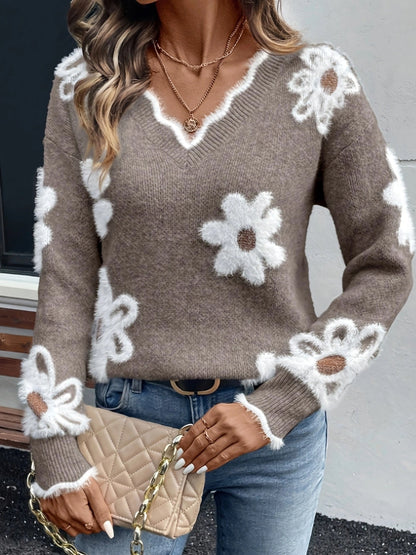 Damen Pullover mit Blumenmuster und V-Ausschnitt – Verspielter Strickpulli im lässigen Stil