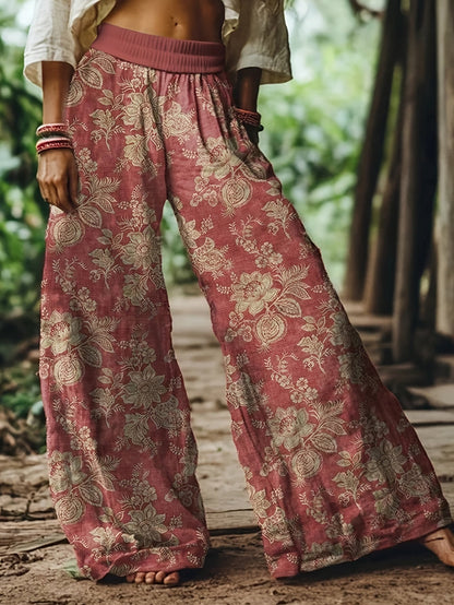 Damen Weite Freizeithose mit Blumenmuster – Lässiger Boho Stil für Alltag und Urlaub