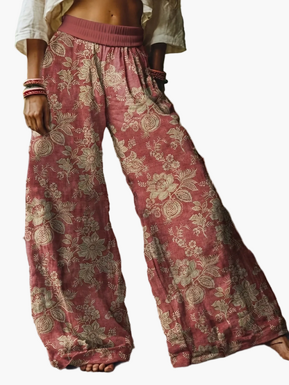 Damen Weite Freizeithose mit Blumenmuster – Lässiger Boho Stil für Alltag und Urlaub