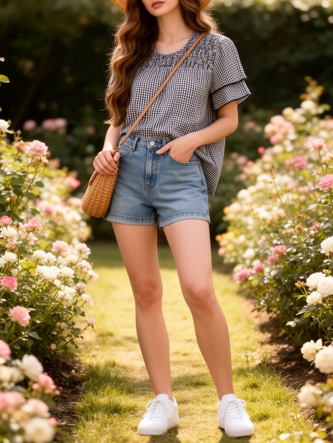 Damen Casual Bluse mit Karomuster und Jeansshorts – Stilvolles Sommer-Outfit für Garten und Freizeit