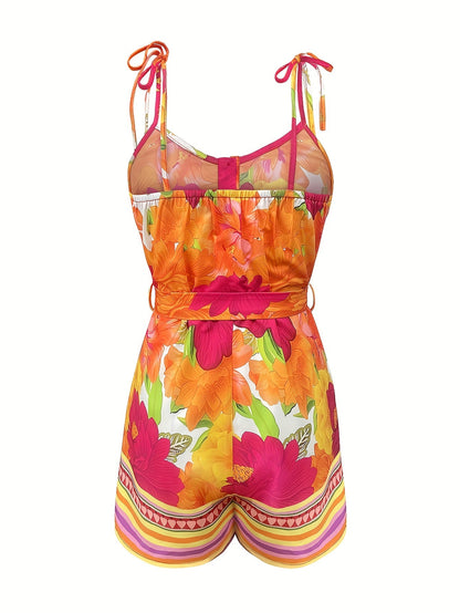 Damen Sommer Jumpsuit mit Gürtel – Eleganter Overall mit buntem Print und Spaghetti-Trägern für Freizeit und Urlaub
