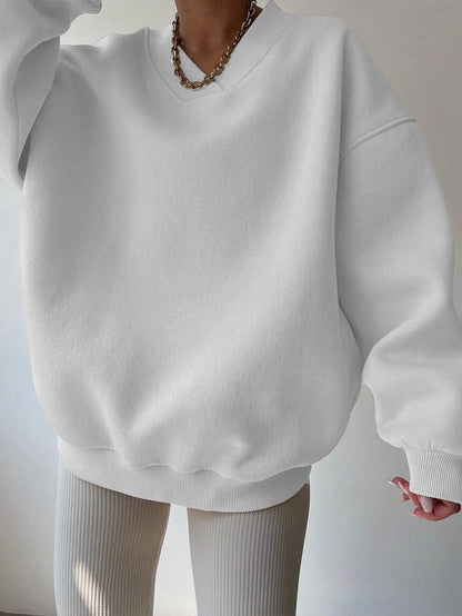 Damen Oversize Sweatshirt V-Ausschnitt Langarm Weiß